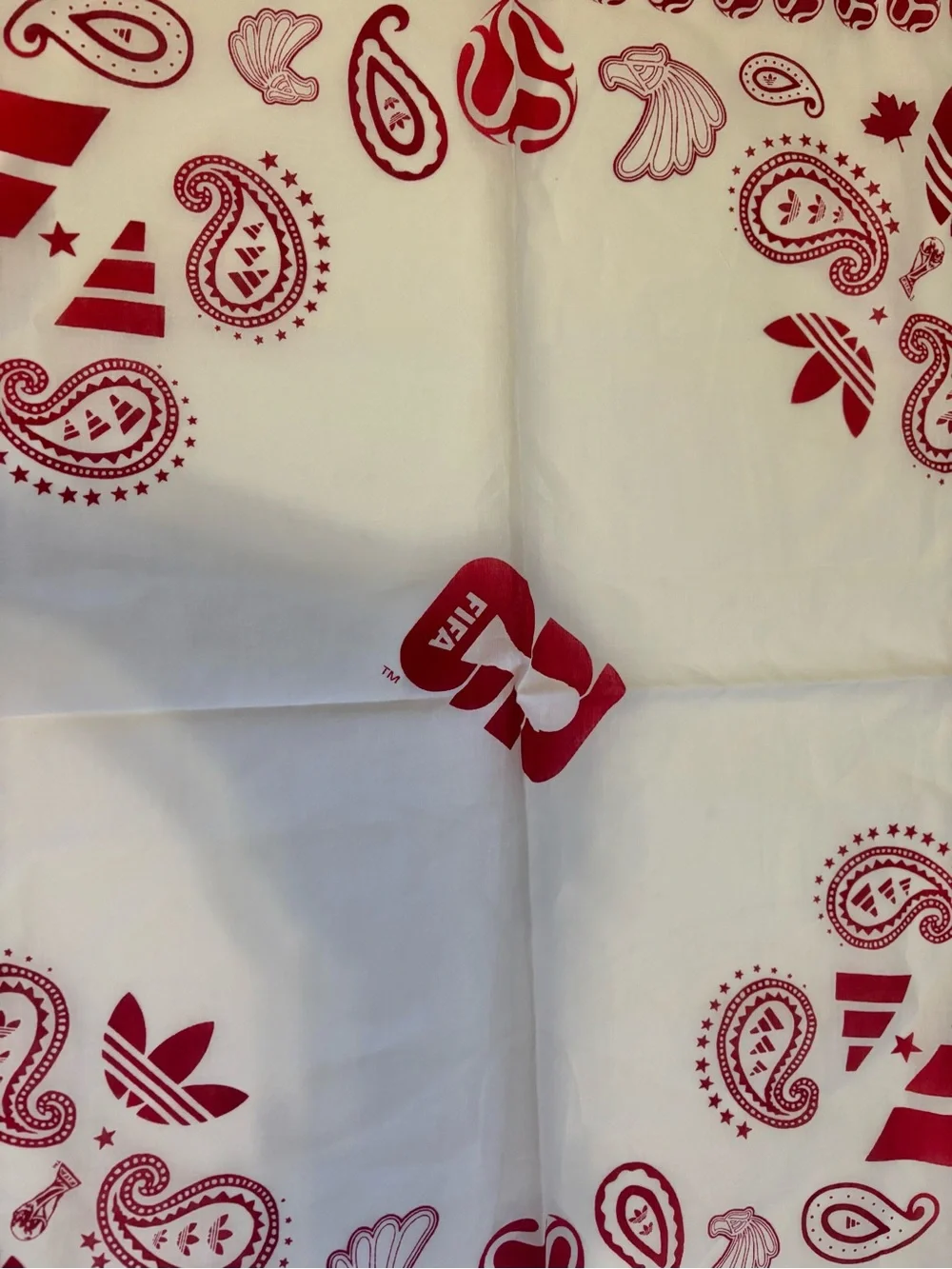 adidas FIFA White Nations Bandana with Red Paisley and Sports Motifs